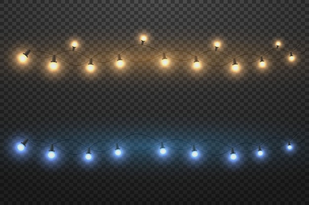 Las luces de Navidad brillan como guirnaldas sobre un fondo transparente.
