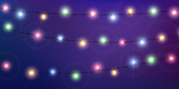 Luces de navidad de color cuerda con bombillas brillantes ilustración vectorial