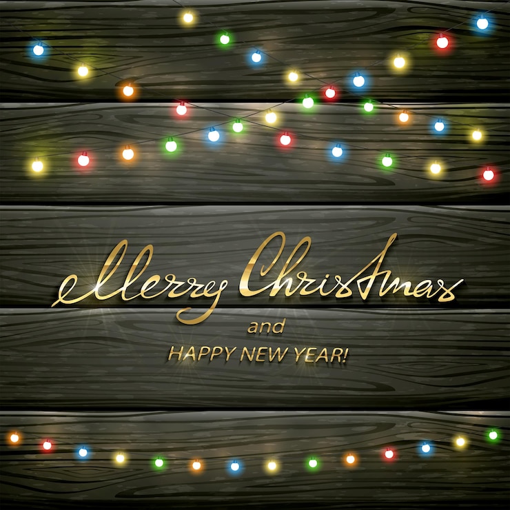 Vector luces de navidad coloridas sobre fondo de madera negra con texto feliz navidad
