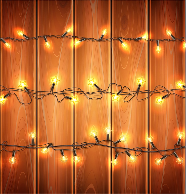Vector luces de navidad, guirnalda realista sobre fondo de madera
