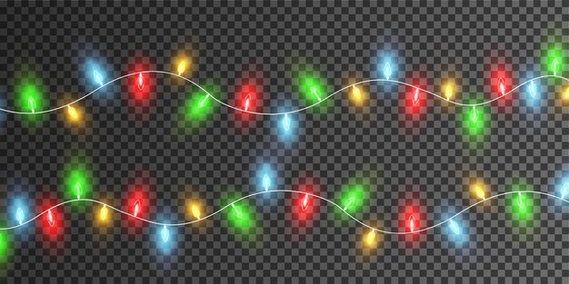 Luces de navidad guirnaldas de navidad coloridas vector rojo amarillo azul y verde brillan bombillas en cables aislados