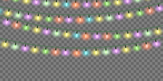 Luces de navidad, juego de guirnaldas de navidad de colores, decoraciones festivas.