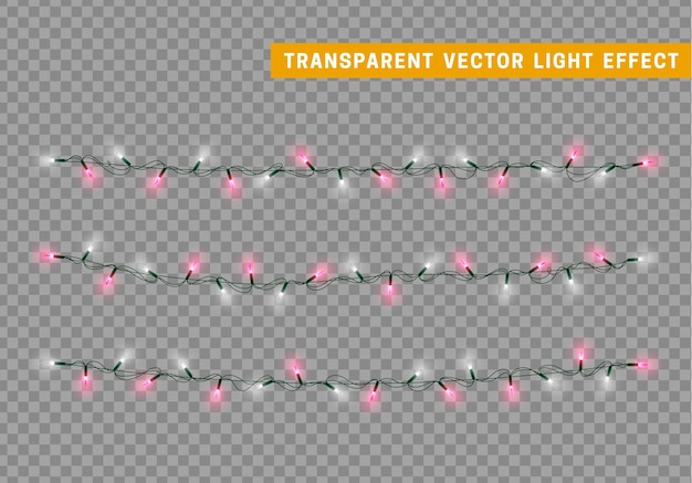 Luces navideñas aisladas de diseño realista. Guirnaldas de luces de color blanco y rosa. Decoraciones navideñas brillantes.