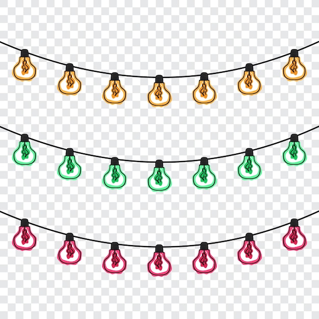 Luces navideñas aisladas en un fondo transparente para el diseño web de carteles de pancartas Conjunto de guirnaldas brillantes de Navidad Luces de neón LED Ilustración vectorial