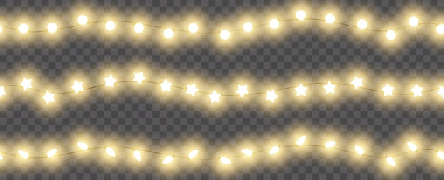Luces navideñas aisladas sobre un fondo transparente Decoración de oro Girlandas brillantes borde LED