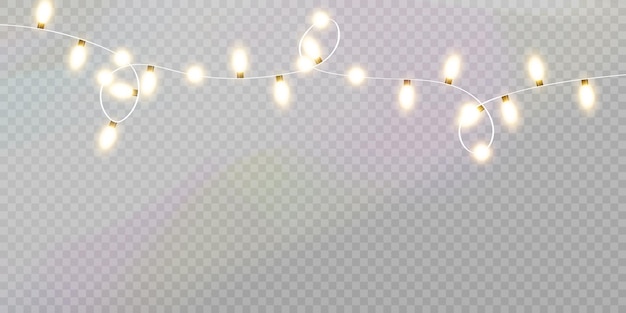 Luces navideñas aisladas sobre fondo transparente Guirnaldas navideñas brillantes con destellos Vector