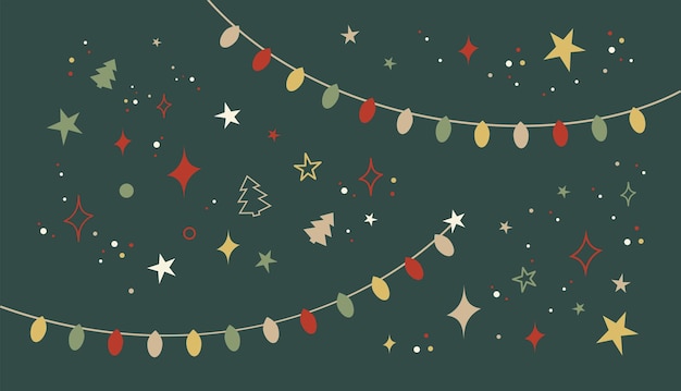 Luces navideñas coloridas de ilustración vectorial. Bombillas navideñas con elementos navideños.