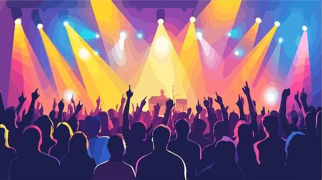 Las luces radiantes del escenario iluminan a la emocionante multitud del concierto