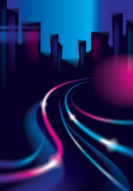 Las luces de tráfico de la carretera de la ciudad de la noche, luces borrosas. Efecto vector hermoso fondo. Desdibujar colorido fondo oscuro con el paisaje urbano, edificios siluetas horizonte.
