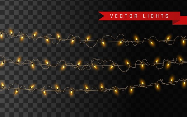 Luces vintage amarillas aisladas. Conjunto de guirnalda dorada brillante.