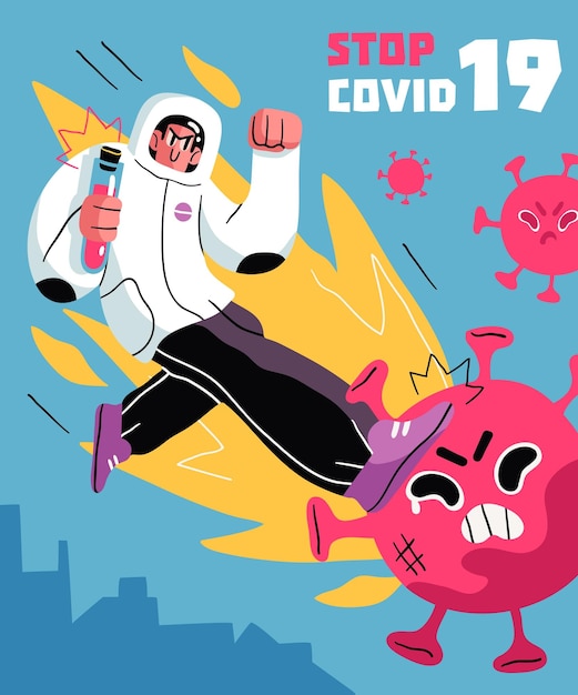 Lucha con el concepto de Coronavirus Ilustración de un médico que lucha con el virus de la corona covid19