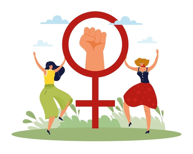 Vector lucha por la igualdad cartel de los derechos de las mujeres libertad e independencia puño levantado en protesta símbolo femenino unidad y solidaridad de la gente vector caricatura concepto de protesta feminista plana