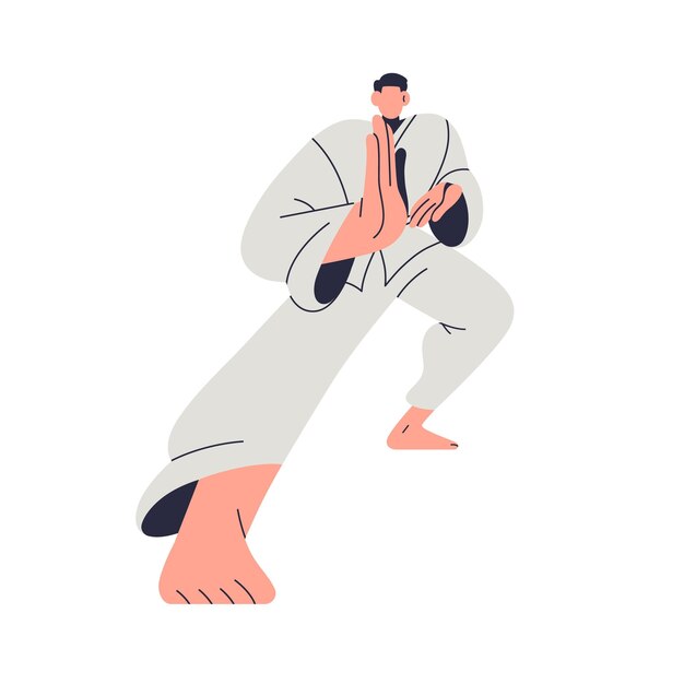 Luchador de karate luchador japonés en uniforme de kimono luchando luchando en postura de ataque pose luchador de japón en movimiento de acción ilustración vectorial gráfica plana aislada sobre fondo blanco