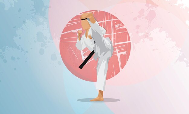 Vector un luchador en kimono y con un cinturón negro hace una patada en el estilo oriental del karate