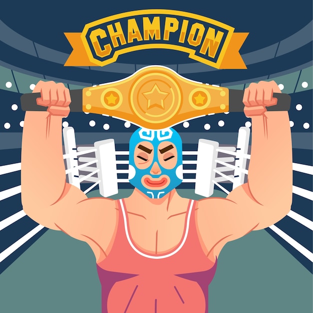 Vector el luchador levanta el cinturón de la victoria en el ring con la letra de campeón sobre la ilustración. utilizado para carteles, imágenes web y otros