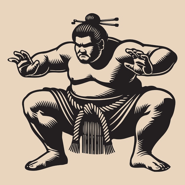 El luchador de sumo, la ilustración vectorial negra, el emblema, el icono de impresión del logotipo