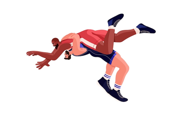 Luchadores de estilo libre luchando compitiendo en la batalla deportiva Luchadores internacionales luchando Atleta atacando al oponente arrojándolo sobre el cuerpo Ilustración vectorial plana aislada en fondo blanco