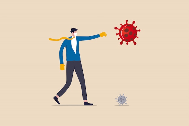 Luchando para que las empresas sobrevivan y detengan el concepto de crisis de brote de coronavirus COVID-19, líder empresario confiado con traje con guantes de boxeo que lucha con el virus patógeno COVID-19.