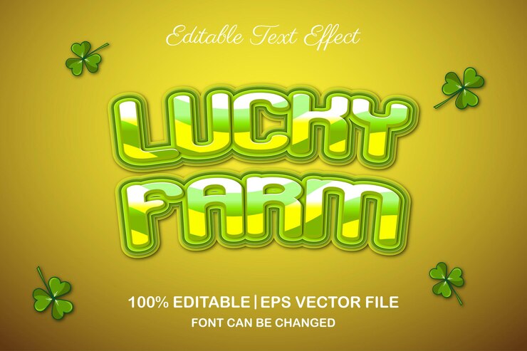 Vector lucky farm brillante efecto de texto editable estilo 3d