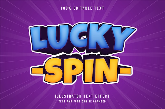 Vector lucky spin, efecto de texto editable 3d estilo de texto cómico amarillo gradación azul