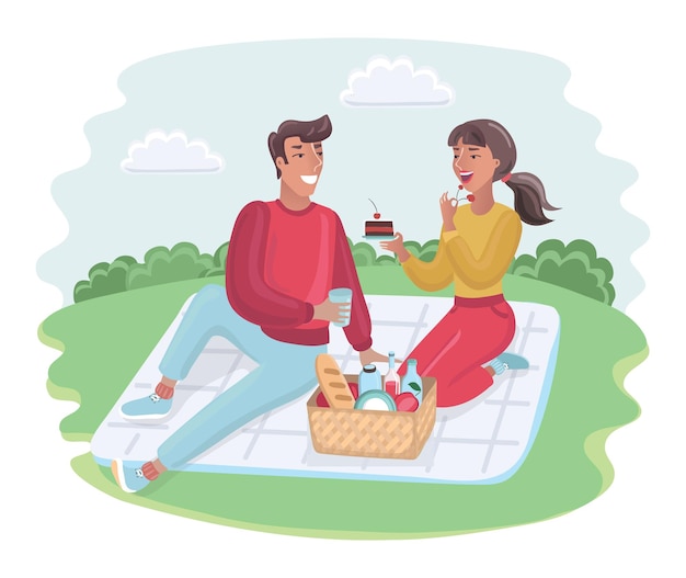 Vector lugar al aire libre con un par de hombres y mujeres haciendo un picnic en el césped en la ilustración del vector del parque