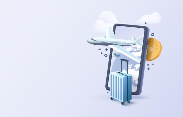Lugar de concepto de banner de aplicación de avión de teléfono inteligente para el servicio móvil de equipaje de aplicación en línea del aeropuerto de texto