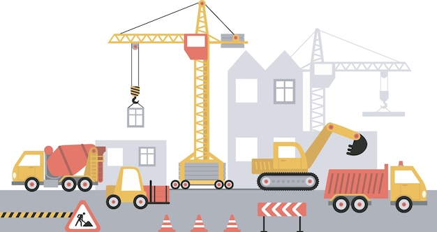 Lugar de construcción construcción de una casa Proceso de trabajo Excavadora de grúa de torre y varias máquinas pesadas