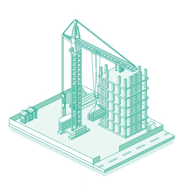Vector lugar de construcción con grúa y rascacielos proceso de construcción de edificios de varios pisos tecnología industrial estilo de esquema edificio de marco monolítico isométrico y grúa torre