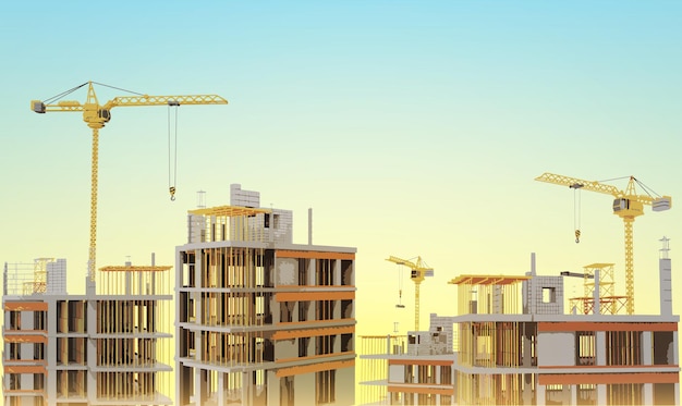 Lugar de construcción con una grúa torre Construcción de edificios residenciales Ilustración vectorial
