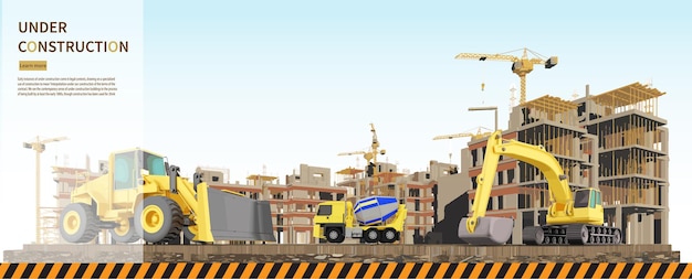 Lugar de construcción con una grúa torre Construcción de edificios residenciales Ilustración vectorial