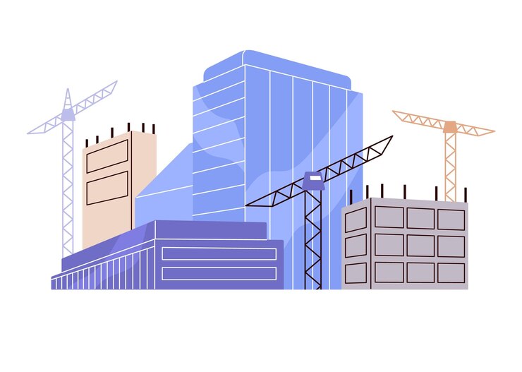 Vector lugar de construcción con grúas y rascacielos máquinas para construir viviendas urbanas de gran altura edificios de oficinas equipo para construir ciudades paisaje urbano moderno ilustración vectorial aislada plana en blanco
