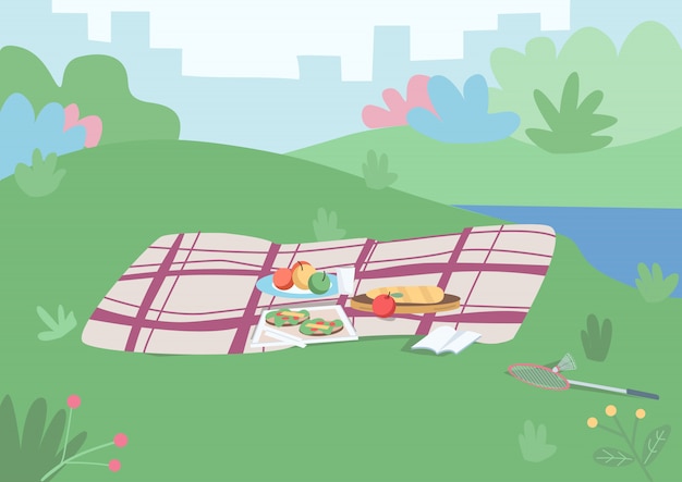 Lugar para la ilustración en color de picnic. Manta con comida en plato para cenar al aire libre. Lugar para el ocio en la colina de hierba. Paisaje de dibujos animados del parque con paisaje urbano y arbustos en el fondo