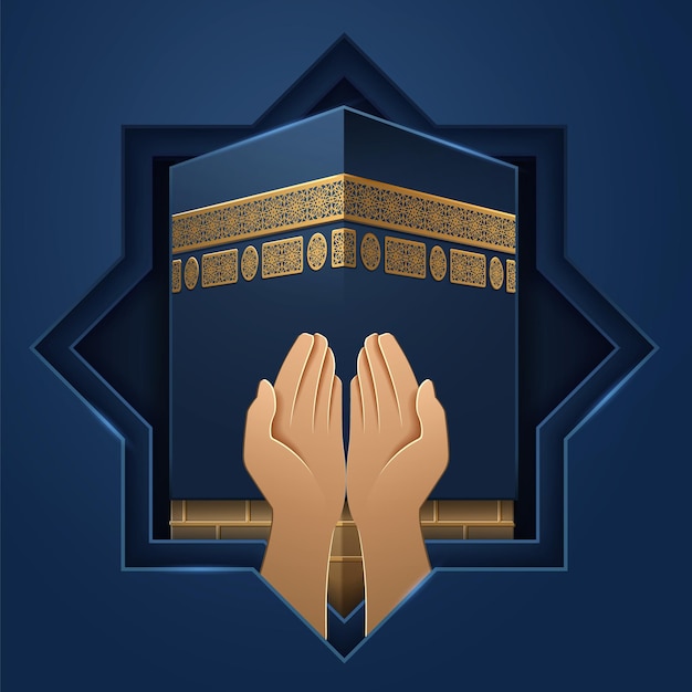 Lugar de Kaaba con manos de oración. Piedra santa de la Meca y palmas de hombre religioso. Fondo de Ka hab para la fiesta de al-Adha o Eid ul-Adha, festival de sacrificio, ramadán. Salah rezando o firmar. Religión