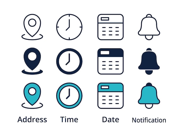 Lugar Tiempo Fecha y Notificación Iconos de línea Dirección de calendario Indicador de ubicación y campana de alarma Aviso