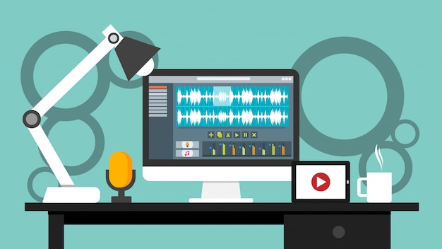 Vector lugar de trabajo de la aplicación de software de interfaz de editor de sonido y video en un monitor de computadora