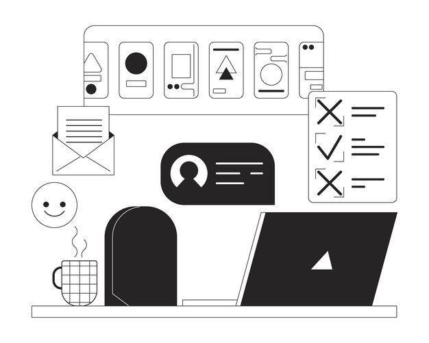 Lugar de trabajo bw concepto de ilustración de puntos vectoriales Oficina en el hogar y multitarea dibujos animados 2D línea plana objetos monocromáticos para diseño de interfaz de usuario web Imagen de héroe de contorno aislado editable