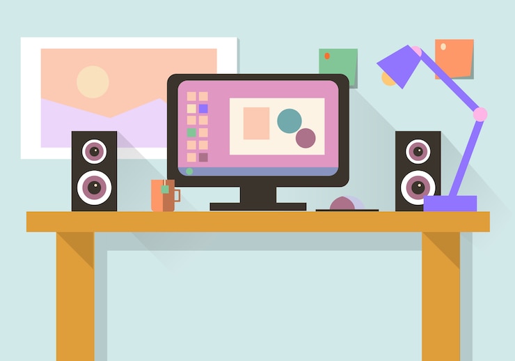 Vector lugar de trabajo con computadora, computadora portátil, lámpara, lista de tareas, programas de trabajo en el monitor