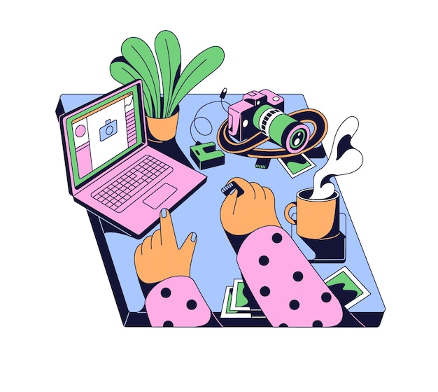 Lugar de trabajo creativo en estilo neo-brutalismo Fotógrafo trabaja con foto digital video en portátil en el escritorio Computador y cámara en la mesa espacio de trabajo Ilustración vectorial aislada plana en blanco