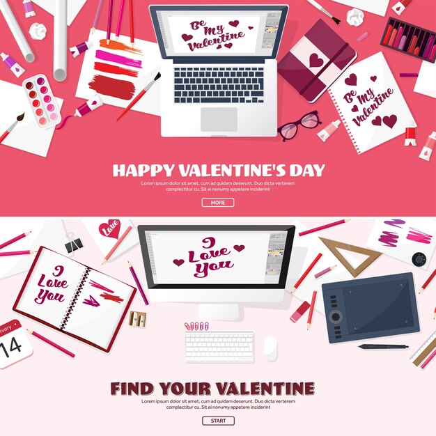 Vector lugar de trabajo para el día de san valentín con equipos de diseño de mesa dibujando en papel tarjetas de felicitación de amor hechas a mano