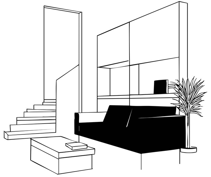 Lugar de trabajo de dibujo de línea Interior de la oficina