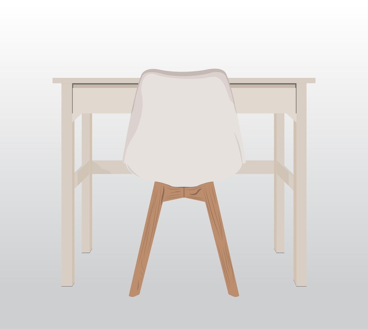 Vector lugar de trabajo diseño plano, escritorio de oficina y silla ilustración