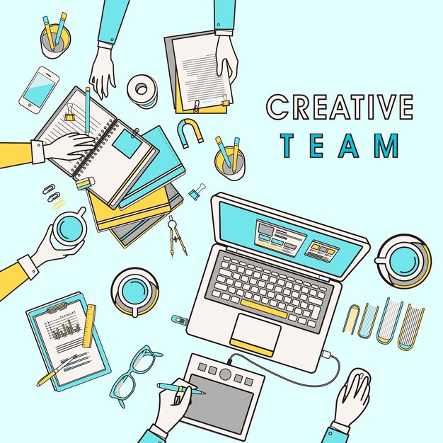 lugar de trabajo del equipo creativo en diseño de línea plana