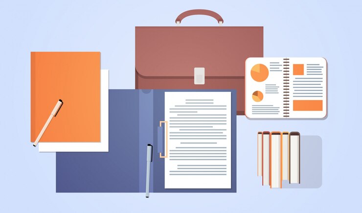 Vector lugar de trabajo, escritorio, ángulo superior, maleta con documentos en papel, contrato de firma