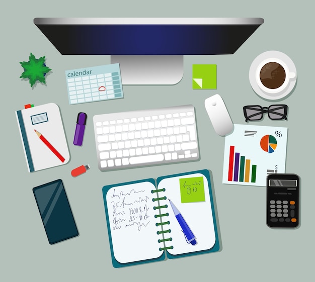 Lugar de trabajo, escritorio de oficina con computadora, agenda, teléfono inteligente, café, calculadora. Vista superior.