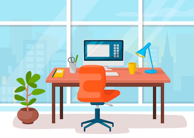 Lugar de trabajo, gabinete, oficina. Espacio de trabajo con mesa y computadora.