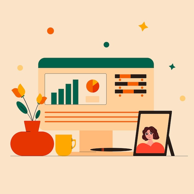 Lugar de trabajo en la habitación con computadora en el escritorio
