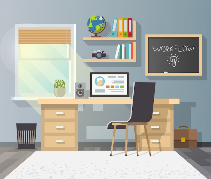Lugar de trabajo en habitación soleada.