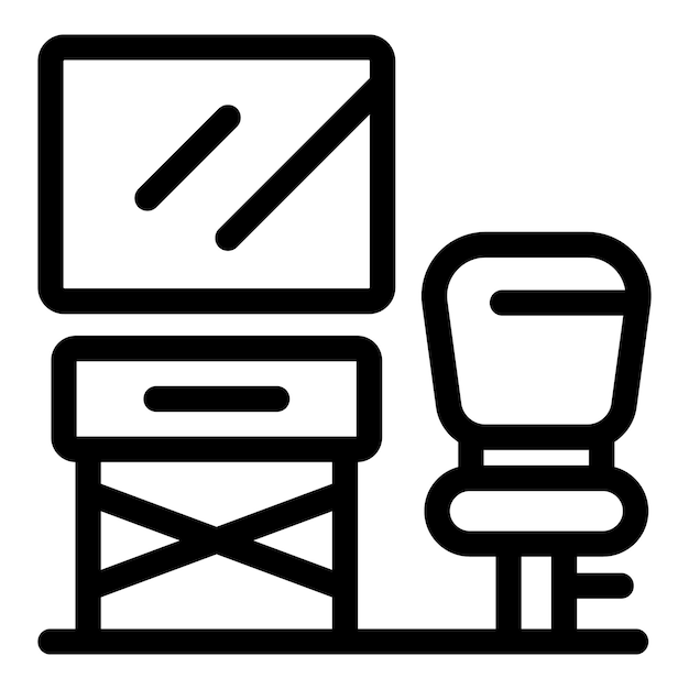 Lugar de trabajo de un hombre de negocios con contorno vectorial de icono de computadora y silla