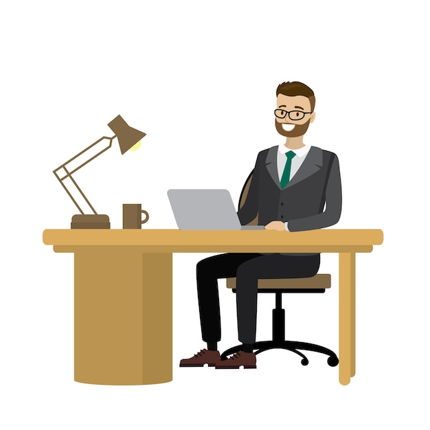 Lugar de trabajo, hombre de negocios, trabajo, computadora, aislado, blanco, backgroun, caricatura, vector, ilustración