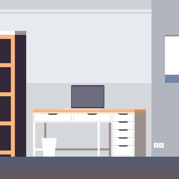 Lugar de trabajo independiente y concepto de habitación interior del hogar ilustración vectorial plana